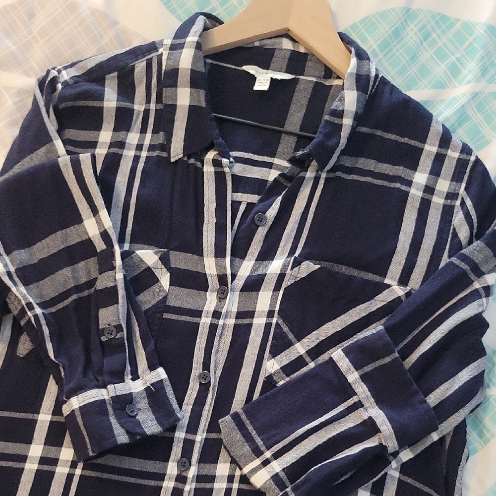 Navy Blue Plaid Women's Buttondown